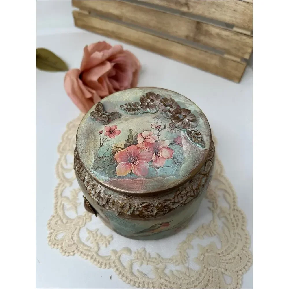 Vintage-Style Decorative Bird Floral Jewelry Jar - Mint & Pink